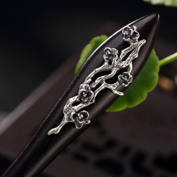 simple black wood hairpin s925 sterling silver plum blossom hair stick