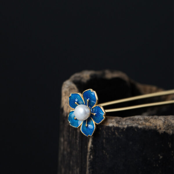 Fine blue flower hairpin s925 sterling silver plum blossom pearl hair stick