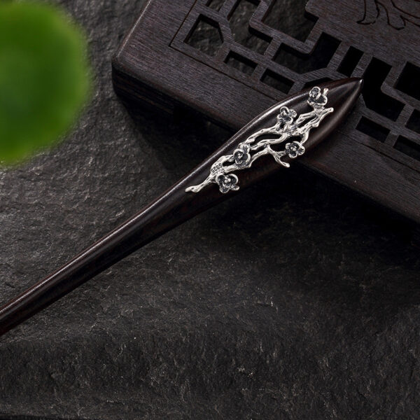simple black wood hairpin s925 sterling silver plum blossom hair stick