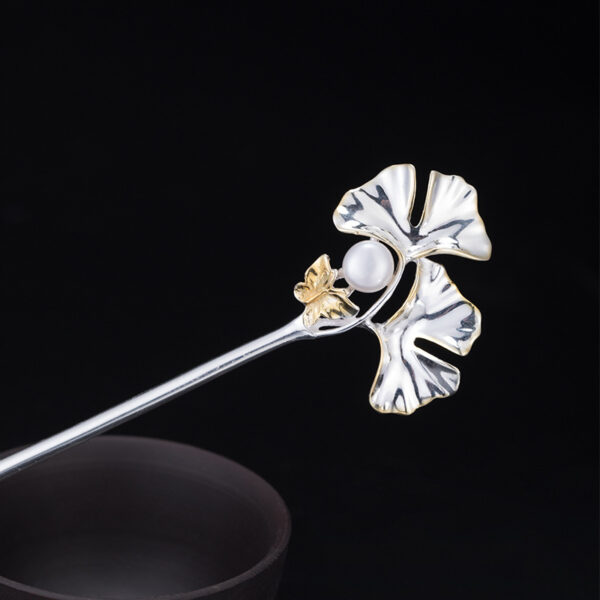 Ginkgo leaf pearl hairpin fine s925 sterling silver hair stick