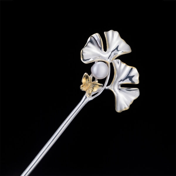 Ginkgo leaf pearl hairpin fine s925 sterling silver hair stick