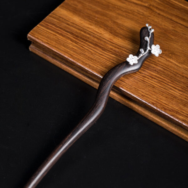 silver plum blossom hairpin nice black sandalwood wood hair stick