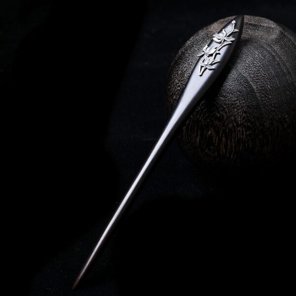 Simple black sandalwood hairpin s925 sterling silver lotus flower hair stick