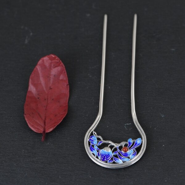 cloisonne flower hair fork fine solid s925 sterling silver hairpin