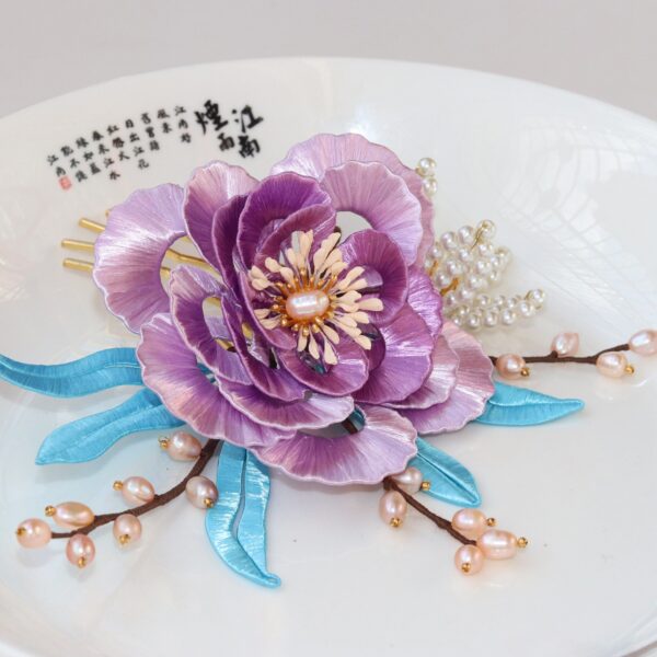 Silk peony flower hairpin beautiful handmade pearl cooper hair fork