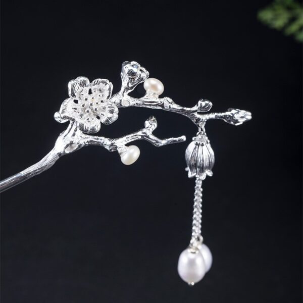 Fine pearl tassel hairpin s925 sterling silver cherry blossoms hair stick