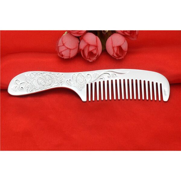 s999 pure silver double side peony flower pattern handle comb