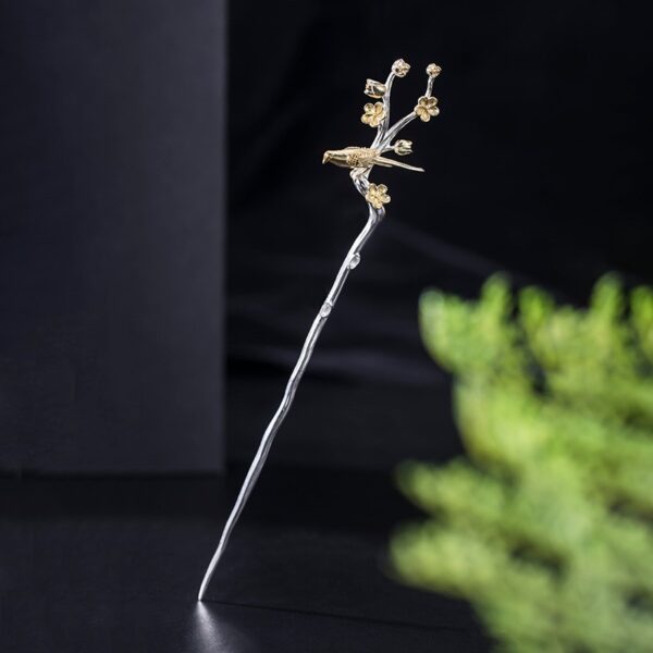 fine s925 sterling silver bird on flower branch shape hairpin