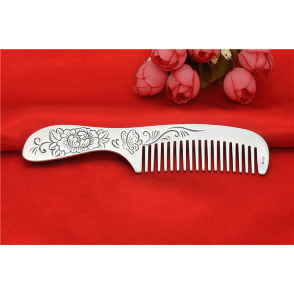 retro s999 pure silver double side peony flower pattern with handle comb