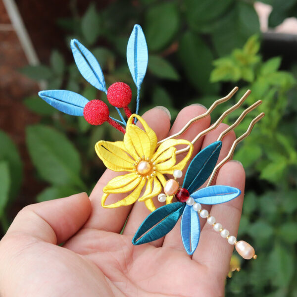 beautiful handmade silk flower and dragonfly hair fork
