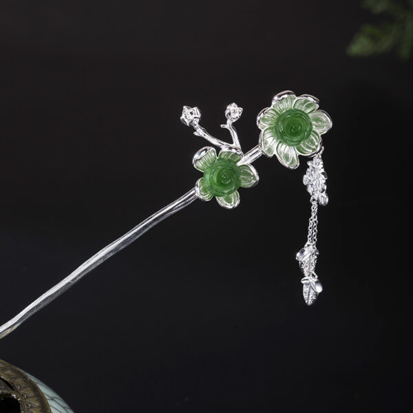 nice s925 sterling silver green nephrite jade rose flowers shape hairpin
