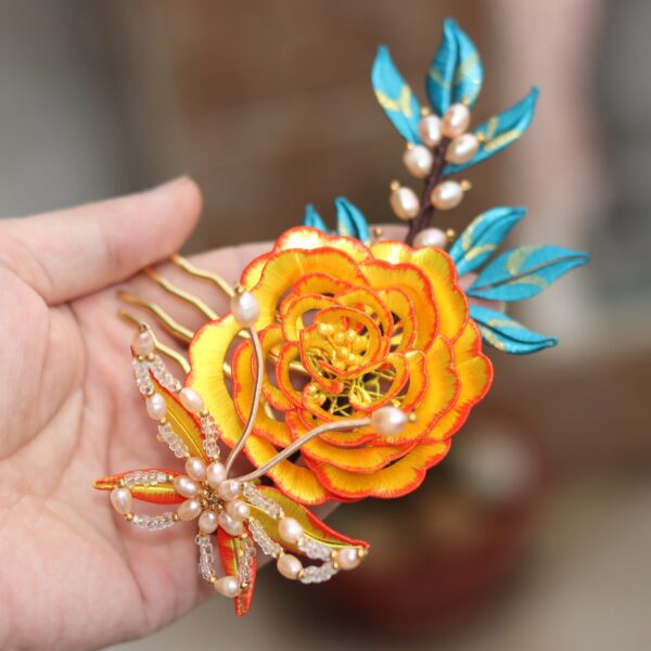 beautiful handmade silk lotus flower and butterfly hair fork