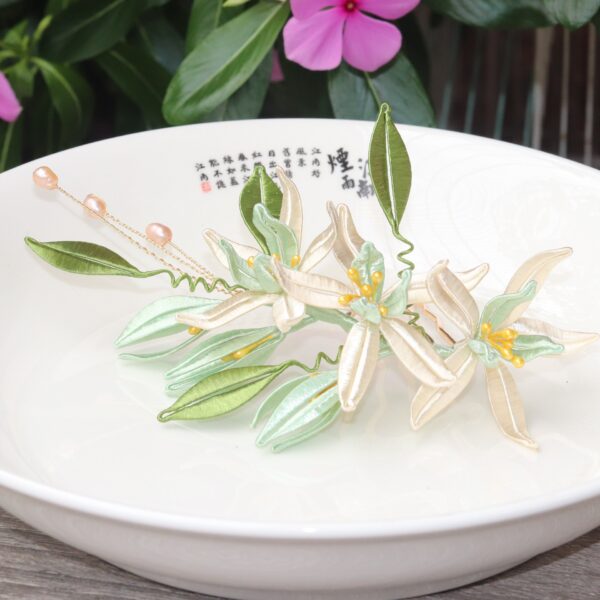 multi white and green flowers hair fork handmade beautiful silk hairpin