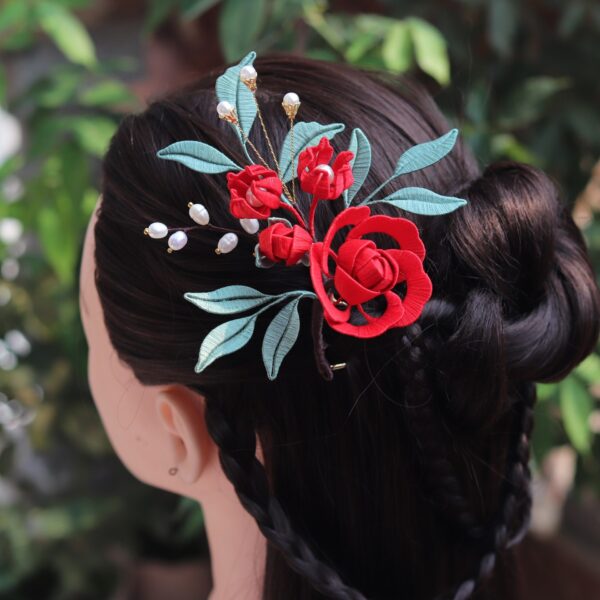 nice multi red flowers hair fork handmade beautiful silk hairpin