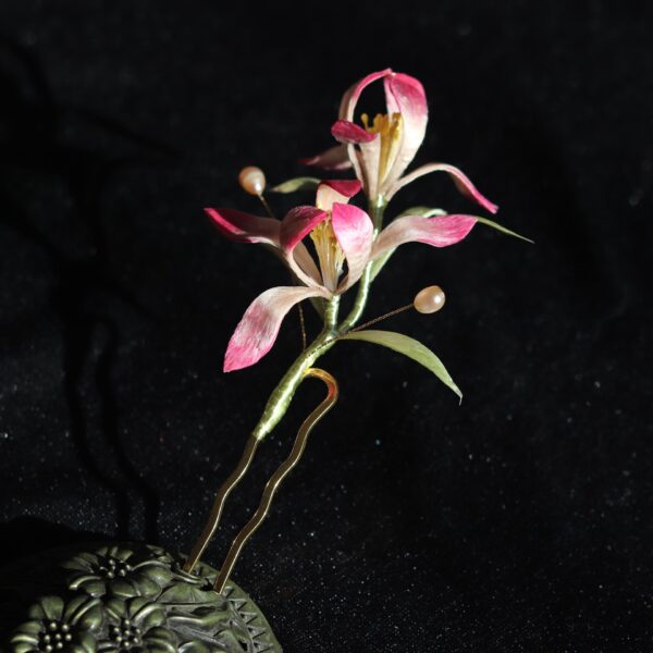 nice pink velvet orchid flower hair fork handmade silk hairpin
