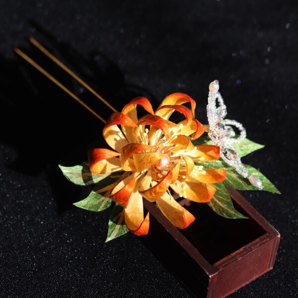 nice orange velvet chrysanthemum flower hair fork handmade silk hairpin