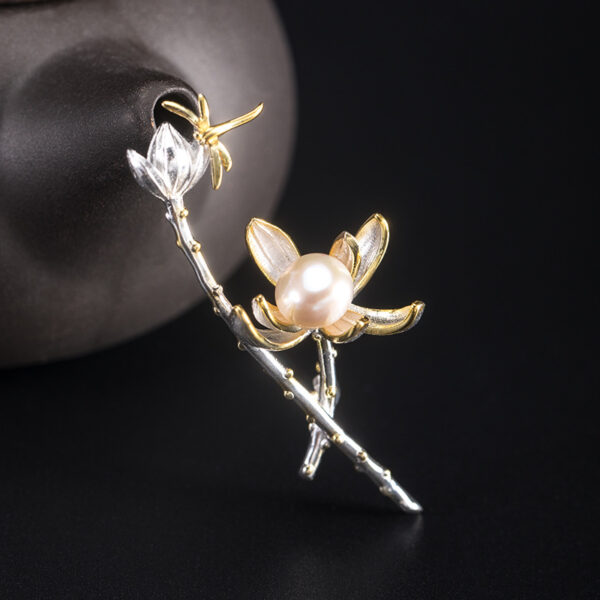 fine lotus flower and dragonfly shape brooch s925 sterling silver and freshwater safety pin