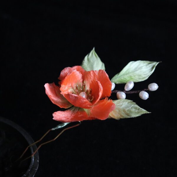 nice red camellia flower shape hair fork handmade silk and pearl hairpin
