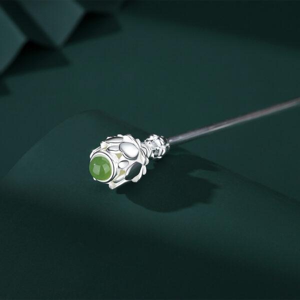 nice s925 sterling silver green nephrite jade bead lotus flower shape hairpin