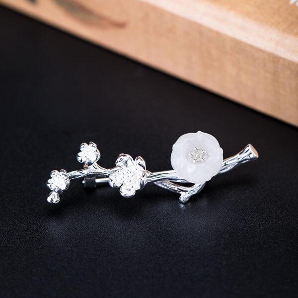 nice plum flowers branch shape s925 sterling silver and white jade brooch