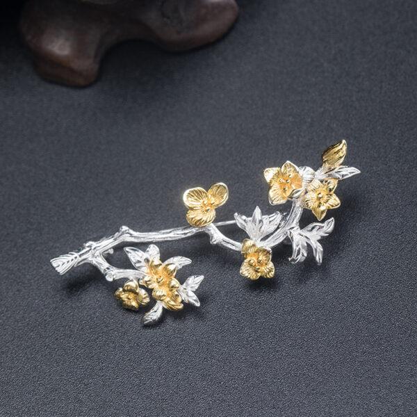 nice golden peach flowers branch shape s925 sterling silver brooch
