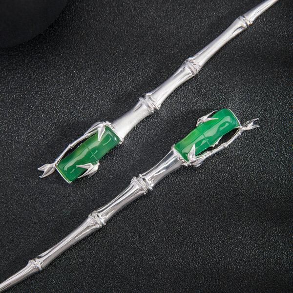 nice s925 sterling silver bamboo branch shape green agate hairpin