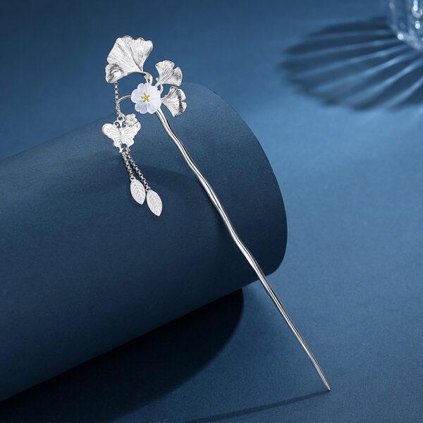 nice s925 sterling silver ginkgo leaves and crystal flower shape hairpin