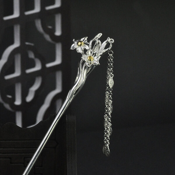 s925 sterling silver narcissus flower shape tassel hairpin