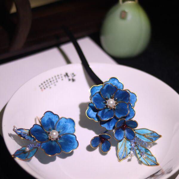 nice blue peony flowers hair fork handmade silk and pearl hairpin